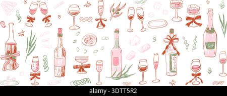 Set per addio al nubilato al pastello. Set di vini, formaggi, coquette di prua. Stravagante degustazione di bevande mediterranee disegnate a mano. Disegnare la linea femminile cocktail scr Illustrazione Vettoriale