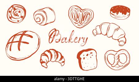 Illustrazione di un panificio disegnato a mano con vari prodotti da forno, tra cui croissant e panini Illustrazione Vettoriale