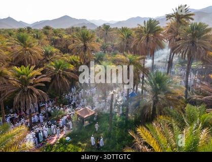 Veduta aerea di un raduno tra una lussureggiante oasi di palme, fumo che sale dolcemente nel cielo limpido, Birkat al Mawz, Governatorato di ad Dakhiliyah, Oman. Foto Stock