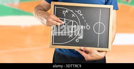 mano di un allenatore di pallacanestro che disegna una tattica di basket con gesso bianco sulla lavagna dello stadio Foto Stock
