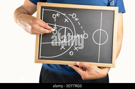 mano di un allenatore di pallacanestro che disegna una tattica di calcio con gesso bianco sulla lavagna Foto Stock