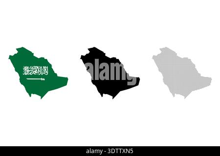 Mappa dell'Arabia Saudita in vari colori di bandiera, shilouette nero e punteggiato Illustrazione Vettoriale