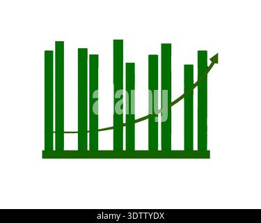 Grafico dinamico a barre verdi su sfondo scuro con freccia di crescita crescente che visualizza le tendenze di successo del business finanziario. Illustrazione Vettoriale