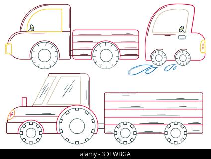 Set di vetture vettoriali con contorno colorato. Il trattore e il veicolo vengono mostrati dalla vista laterale con semplici forme arrotondate e ruote scure. Perfetto per design e colori per bambini Illustrazione Vettoriale