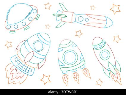 Set di illustrazioni colorate con spazio con razzi, UFO e stelle. Astronavi con fiamme brillanti. Perfetto per disegni per bambini, pagine da colorare, poster Illustrazione Vettoriale