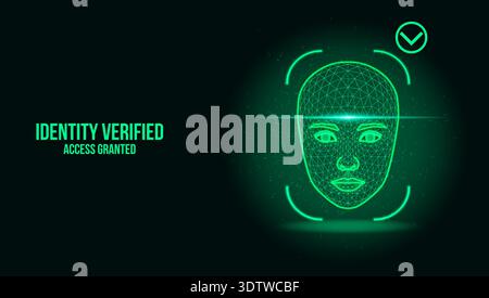 Interfaccia di sicurezza biometrica futuristica con riconoscimento facciale con mesh a reticolo verde Illustrazione Vettoriale