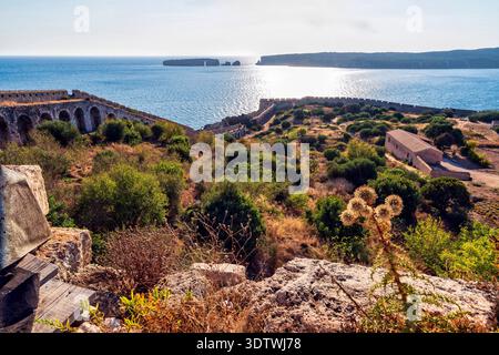 Vista dal castello di Pelo in Grecia, che mostra antiche mura ad arco, paesaggio costiero, vegetazione e mare sotto la luce del sole. Foto Stock