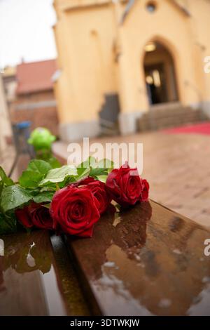 Uno scatto ravvicinato dall'angolazione bassa presenta un gruppo di rose rosse vivaci, i loro petali e le foglie verdi adornate di gocce d'pioggia, appoggiate su un dar lucido e bagnato Foto Stock