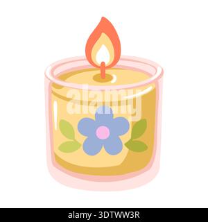 Candela decorativa a molla con etichetta floreale e fiamma. Illustrazione isolata del vettore cartoni animati su sfondo bianco Illustrazione Vettoriale