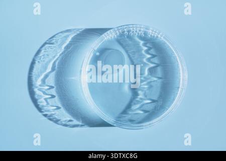 Capsula di Petri con colata liquida trasparente che lascia ombre ondulate su sfondo blu Foto Stock