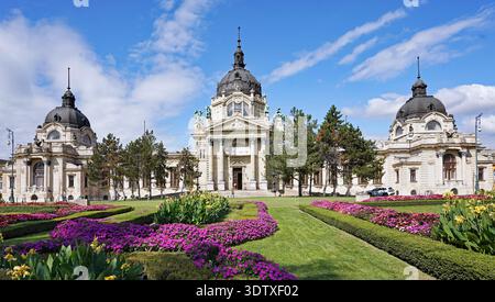 Budapest, edifici barocchi ornati delle terme Szechenyi Foto Stock