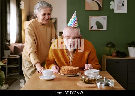 Uomo caucasico anziano che soffia le candele di compleanno con donna caucasica anziana che sorride Foto Stock