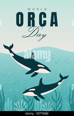 Poster del World Orca Day con le orche assassine nell'illustrazione dei vettori d'acqua dell'oceano. Illustrazione Vettoriale