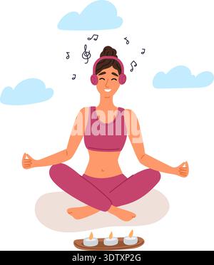 La ragazza siede in posizione di loto e ascolta la musica per meditare e rilassarsi. Donna che pratica yoga ed esercizi spirituali. Felice yogi meditando Illustrazione Vettoriale