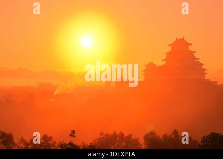 Castello di Himeji Giappone Himeji City splendida alba autunnale con nebbia mattutina e luce dorata del sole Foto Stock