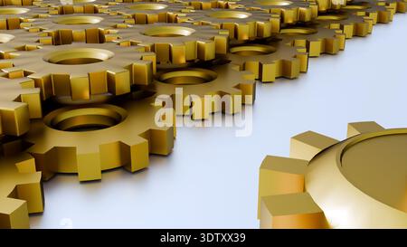 Rendering 3d di una raccolta di ingranaggi meccanici o ingranaggi con interblocco, presentati in un'estetica industriale stilizzata. Foto Stock