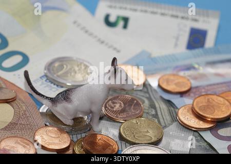 Figura in miniatura di Bull terrier seduta su monete in euro circondate da banconote su sfondo blu, Renania settentrionale-Vestfalia, Germania Foto Stock