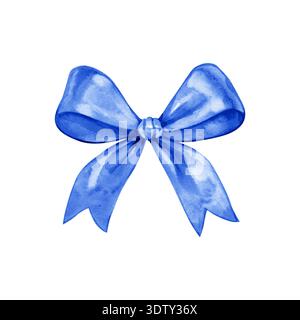Vivace acquerello dipinto a mano di un fiocco di seta blu reale. Caratterizzato da un delicato gioco di luci e ombre, questo classico elemento decorativo è Foto Stock