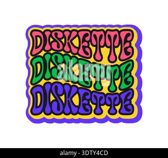 Dischetto adesivo scanalato Y2K o tag hippie. Tag vettoriale per gadget elettronici, patch cartoon hardware PC vintage. tecnologia digitale anni '1990 etichetta o adesivo funky con testo tipografico colorato Illustrazione Vettoriale