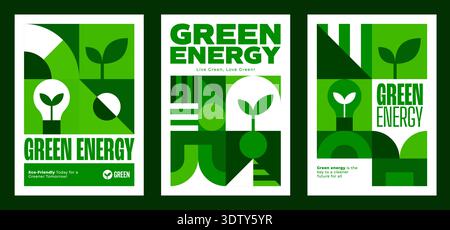 Poster sull'energia ecocompatibile con schema geometrico Bauhaus ecocompatibile. Opuscoli vettoriali sull'ambiente e sull'ecologia. Poster dell'azienda di energia pulita e verde con lampadina Bauhaus e forme di impianto Illustrazione Vettoriale