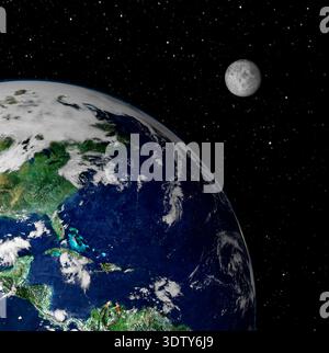 Terra e Luna nello spazio notturno stellato su sfondo nero. Elementi di questa immagine forniti dalla NASA. Foto Stock