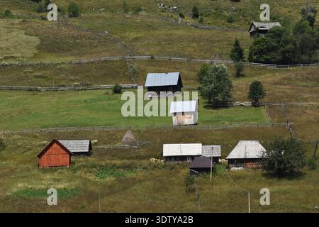 In un ambiente rurale tranquillo, diverse case rustiche sono circondate da verdi pascoli e da una recinzione di legno sotto un cielo azzurro limpido in una giornata di sole. La pace Foto Stock