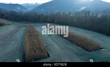 Impianto di trattamento delle acque reflue a Barbières (Francia sud-orientale). Vista aerea del sito con vasche di decantazione, canne e agenti di trattamento delle acque Foto Stock