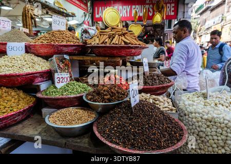 Varie spezie e noci esposte al mercato all'ingrosso delle spezie a Chandni Chowk, nella vecchia Delhi. Gli amanti dello shopping passano in lontananza. Foto Stock