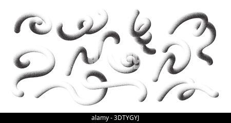 Imposta disturbo onda linee astratte con forma stipple 3d. Elementi a nastro granuloso con spray ruvido, texture a puntinismo e curve lisce per un look moderno Illustrazione Vettoriale