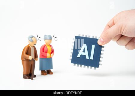 Le persone anziane stanno affrontando l'implementazione diffusa dell'intelligenza artificiale. Difficoltà nel distinguere il contenuto neurogenerativo dalla realtà. L'alfabetizzazione digitale aiuta gli anziani a rimanere al sicuro. Foto Stock