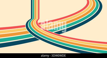 Fondo ondulato astratto vintage con strisce curve. Design retrò anni '1970, colorato motivo psichedelico per poster, sfondi o. Illustrazione Vettoriale