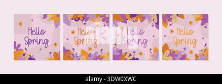 Set di post sui social media Hello Spring con motivi floreali e foglie colorate, adatti a promozioni, eventi e saluti stagionali. Illustrazione Vettoriale