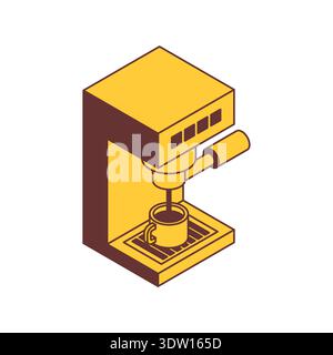 Macchina per caffè espresso giallo isometrico con una tazza. Moderno apparecchio da cucina per caffè, ufficio e birre a casa. Illustrazione vettoriale piatta isolata su Illustrazione Vettoriale
