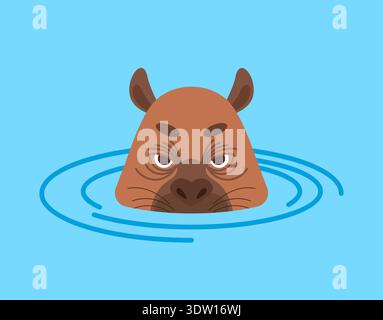 Una bella testa di capybara che sbuca dall'acqua blu con le increspature. Concetto di nuoto, natura e natura tranquilla. Illustrazione vettoriale piatta su sfondo blu Illustrazione Vettoriale