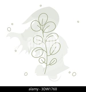 Moderna illustrazione botanica di linea. Ramo verde con macchie ad acquerello tenue. Perfetto per design ecocompatibile, packaging cosmetico e progetti primaverili. Illustrazione Vettoriale