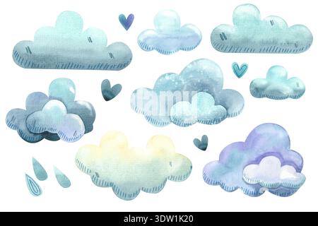 Set di nuvole di acquerelli disegnate a mano. Illustrazioni per bambini di cieli soffici con un tema meteorologico. Un cielo da sogno in uno stile semplice. Foto Stock