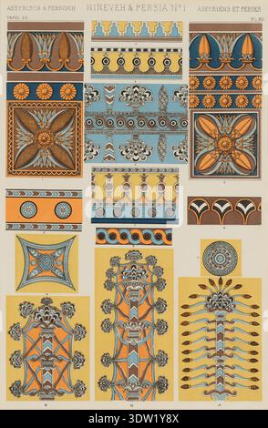 Illustrazione storica opera d'arte di Ninive e Persia n. 1, piatto XII dalla grammatica dell'ornamento, terza edizione, di Owen Jones, che presenta motivi architettonici e decorativi assiri e persiani, 1868 Foto Stock