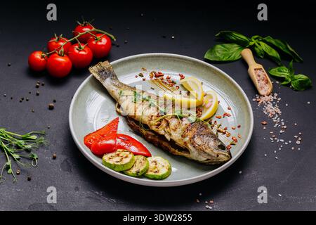 Pesce intero alla griglia con verdure e limone servito su un elegante piatto del ristorante Foto Stock