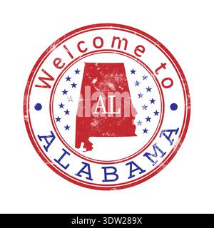 Benvenuto in Alabama. Un timbro usurato con una sagoma dello stato e una designazione abbreviata. Stampa impressione, un modello per il design creativo Illustrazione Vettoriale