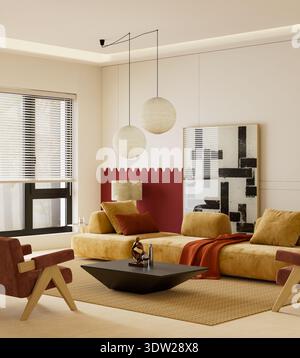 Spazio abitativo contemporaneo e minimalista con pareti dai dettagli audaci, mobili scultorei moderni e calde tonalità neutre per un appartamento urbano interio Foto Stock
