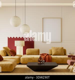 Interni moderni, caldi e minimalisti, con struttura a poster vuota, pareti con accenti rossi e mobili scultorei in stile contemporaneo Foto Stock