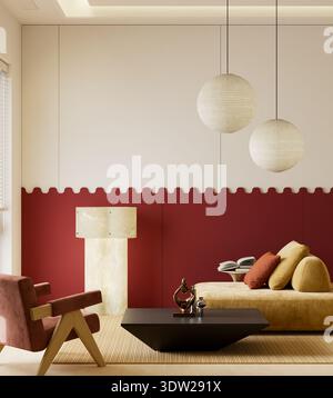Gli interni moderni e caldi e minimalisti dell'angolo lettura sono caratterizzati da audaci pareti con accenti rossi, poltrona e arredi scultorei in stile contemporaneo per gli appartamenti des Foto Stock