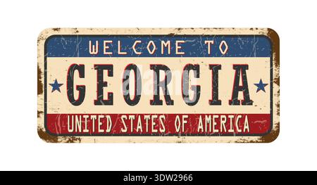 Benvenuto in Georgia. Un vecchio segno logoro con un'iscrizione. Placca metallica di benvenuto con elementi ruggine Illustrazione Vettoriale