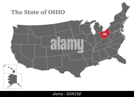 Lo stato di sulla mappa degli Stati Uniti d'America è evidenziato in rosso. Stati degli Stati Uniti con confini su una mappa generale Illustrazione Vettoriale