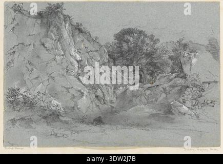 R Kent Thomas (1840–1850) è stato un paesaggista britannico noto per i suoi studi dettagliati sulla costa del Devon. Questo archivio fotografico mostra il suo schizzo a matita intitolato "Quarry at Torquay", che illustra l'aspro paesaggio delle cave di Torquay, situato lungo la costa del Devon meridionale. Foto Stock