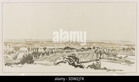 Muirhead Bone (1876–1953) fu il primo artista di guerra britannico ufficiale della prima guerra mondiale. "Distant View of Ypres" faceva parte di una serie di stampe litografiche pubblicate nel 1917, raffiguranti il paesaggio di Ypres durante la guerra. L'immagine cattura l'ampio terreno aperto che circonda la città, mostrando la devastazione causata dal conflitto. La stampa fa parte dell'edizione deluxe di Bone delle bozze firmate. Foto Stock