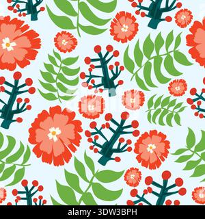 Fiori rossi, frutti di bosco e foglie verdi motivo floreale senza cuciture natalizio. fiori, foglie e frutti di bosco senza cuciture. Ottimo per il tessuto, il tessuto. Illustrazione Vettoriale