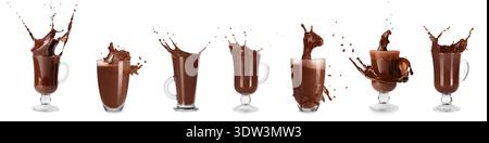 Collage di cioccolata calda spruzzata in tazze di vetro su sfondo bianco Foto Stock