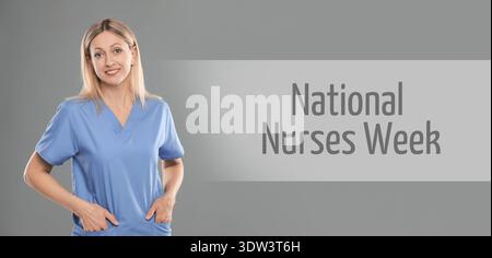 Settimana nazionale degli infermieri. Donna in uniforme su sfondo grigio, design striscione Foto Stock