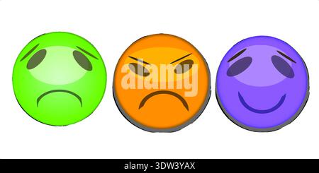 Tre colorate Sphere Emojis che mostrano volti tristi arrabbiati e felici Illustrazione Vettoriale